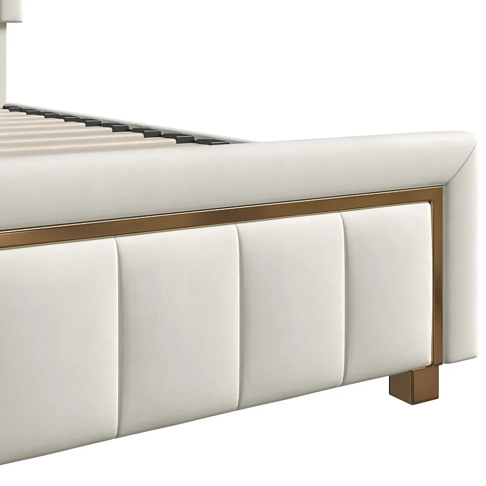 Lit coffre 140x190cm avec tête de lit capitonnée, sommier à lattes, velours, finitions dorées, beige