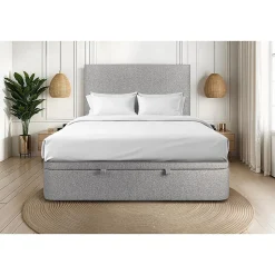 Lit coffre 140x190cm avec tête de lit tapissier Bouclette Gris - Hauteur totale : 39cm