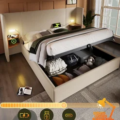 Lit coffre 180x200cm en lin - 2 tables de chavet avec liseuse - avec sommier à lattes - Beige