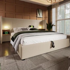 Lit coffre 180x200cm en lin - 2 tables de chavet avec liseuse - avec sommier à lattes - Beige