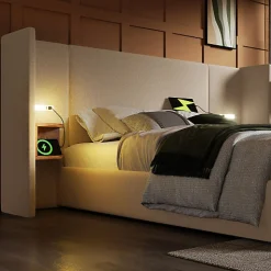 Lit coffre 180x200cm en lin - 2 tables de chavet avec liseuse - avec sommier à lattes - Beige