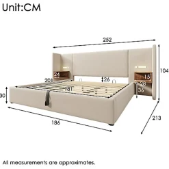 Lit coffre 180x200cm en lin - 2 tables de chavet avec liseuse - avec sommier à lattes - Beige