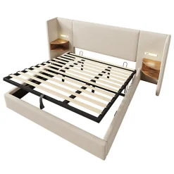 Lit coffre 180x200cm en lin - 2 tables de chavet avec liseuse - avec sommier à lattes - Beige