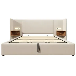 Lit coffre 180x200cm en lin - 2 tables de chavet avec liseuse - avec sommier à lattes - Beige