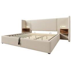 Lit coffre 180x200cm en lin - 2 tables de chavet avec liseuse - avec sommier à lattes - Beige