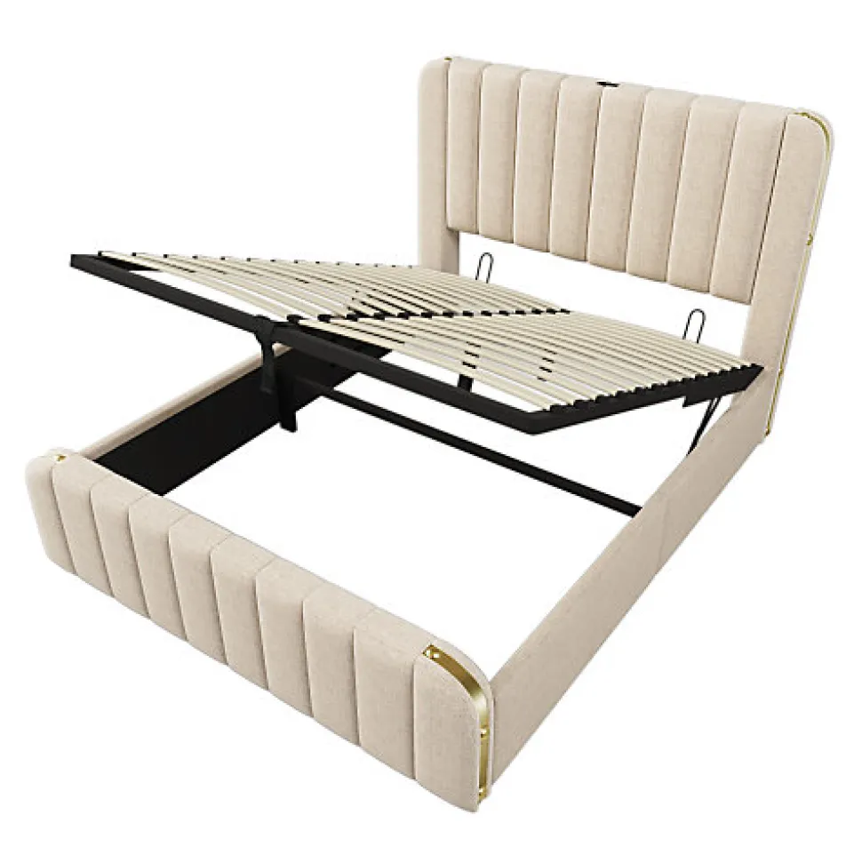 Lit coffre 140x200cm en tissu lin - avec recharge USB+Type-C - décoré de bandes dorées - Beige