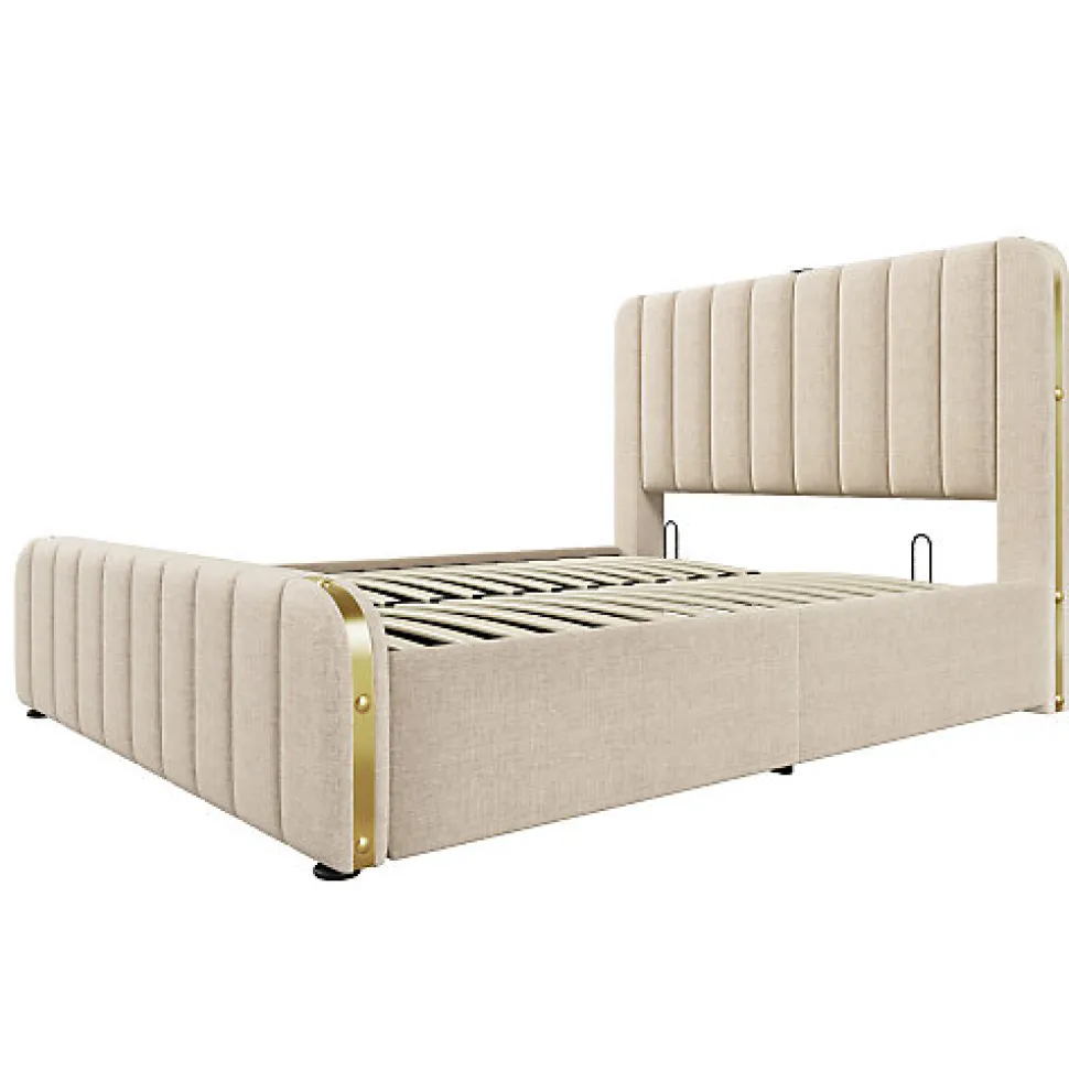 Lit coffre 140x200cm en tissu lin - avec recharge USB+Type-C - décoré de bandes dorées - Beige