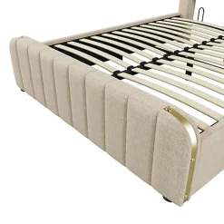 Lit coffre 140x200cm en tissu lin - avec recharge USB+Type-C - décoré de bandes dorées - Beige