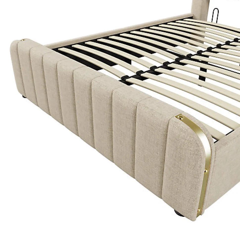 Lit coffre 140x200cm en tissu lin - avec recharge USB+Type-C - décoré de bandes dorées - Beige