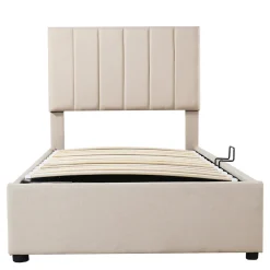 Lit coffre 90x200cm, lit capitonné d'enfant en lin, avec sommier à lattes et tête de lit, beige