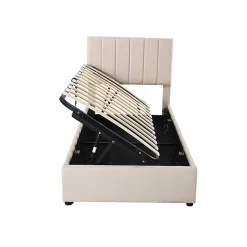 Lit coffre 90x200cm, lit capitonné d'enfant en lin, avec sommier à lattes et tête de lit, beige