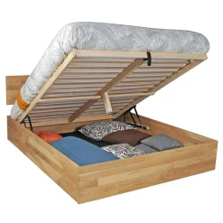 Lit coffre 160x200cm MILO avec tête de lit + sommier/ Chêne massif huilé