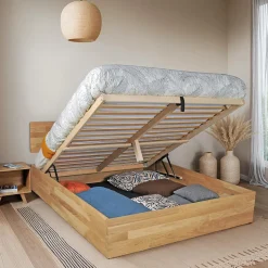 Lit coffre 160x200cm MILO avec tête de lit + sommier/ Chêne massif huilé