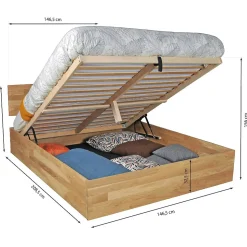 Lit coffre 140x200cm MILO avec tête de lit + sommier/ Chêne massif huilé