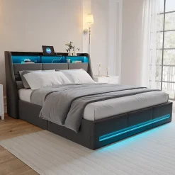 Lit coffre 140x200cm rembourré en tissu lin - avec LED et Ports de charge - avec sommier à lattes - Gris