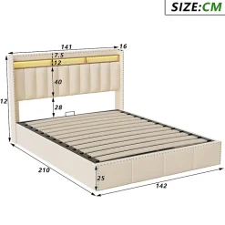 Lit Coffre 140x200cm,avec Éclairage LED Et Port USB, Avec Tête De Lit Coffre,structure Stable, Beige