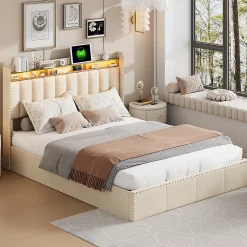 Lit Coffre 140x200cm,avec Éclairage LED Et Port USB, Avec Tête De Lit Coffre,structure Stable, Beige