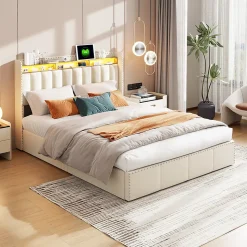 Lit Coffre 140x200cm,avec Éclairage LED Et Port USB, Avec Tête De Lit Coffre,structure Stable, Beige