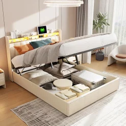 Lit Coffre 140x200cm,avec Éclairage LED Et Port USB, Avec Tête De Lit Coffre,structure Stable, Beige