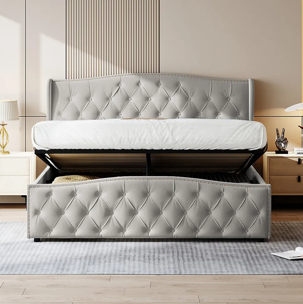 lit coffre 160x200,lit capitonné avec sommier à lattes,tête de lit ondulée,design rivet,velours,gris