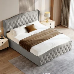 lit coffre 160x200,lit capitonné avec sommier à lattes,tête de lit ondulée,design rivet,velours,gris