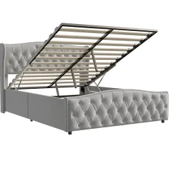 lit coffre 160x200,lit capitonné avec sommier à lattes,tête de lit ondulée,design rivet,velours,gris