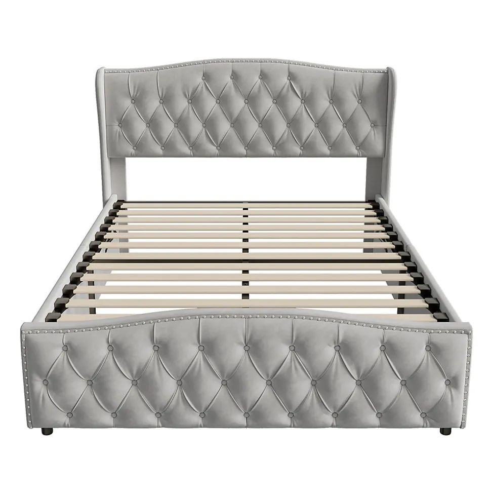 lit coffre 160x200,lit capitonné avec sommier à lattes,tête de lit ondulée,design rivet,velours,gris