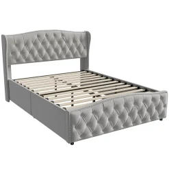 lit coffre 160x200,lit capitonné avec sommier à lattes,tête de lit ondulée,design rivet,velours,gris