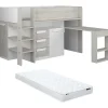 Lit combiné 90 x 200 cm - Avec bureau et rangements - Blanc et naturel + Matelas - LOUKALA