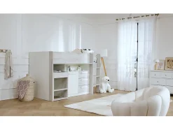 Lit combiné 90 x 200 cm - Avec bureau et rangements - Blanc et naturel + Matelas - LOUKALA