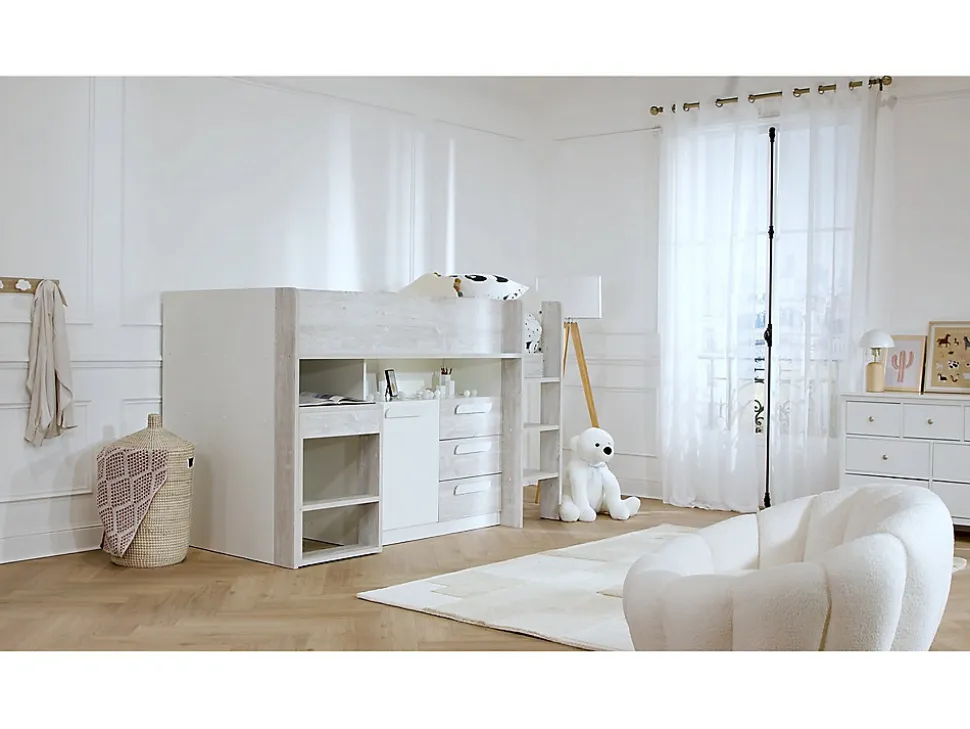 Lit combiné 90 x 200 cm - Avec bureau et rangements - Blanc et naturel + Matelas - LOUKALA