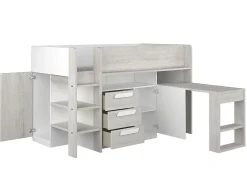 Lit combiné 90 x 200 cm - Avec bureau et rangements - Blanc et naturel + Matelas - LOUKALA