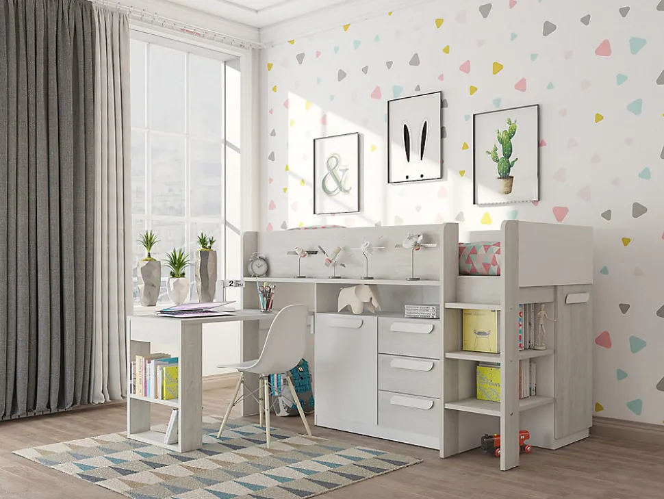 Lit combiné 90 x 200 cm - Avec bureau et rangements - Blanc et naturel + Matelas - LOUKALA