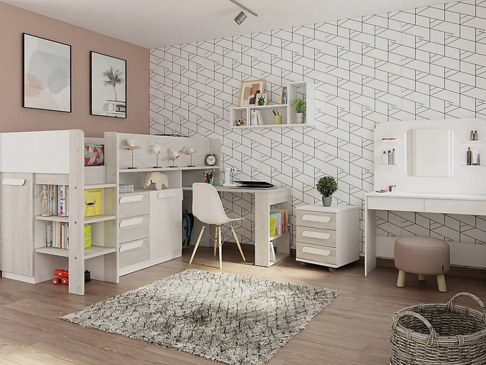 Lit combiné 90 x 200 cm - Avec bureau et rangements - Blanc et naturel + Matelas - LOUKALA
