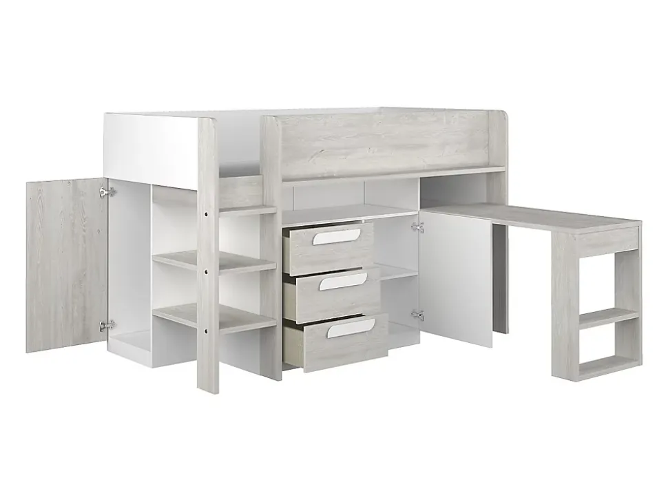 Lit combiné 90 x 200 cm - Avec bureau et rangements - Blanc et naturel - LOUKALA