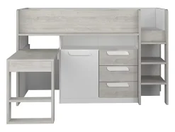 Lit combiné 90 x 200 cm - Avec bureau et rangements - Blanc et naturel - LOUKALA