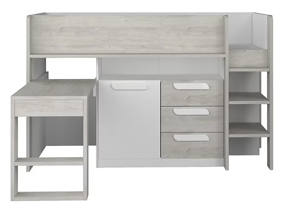 Lit combiné 90 x 200 cm - Avec bureau et rangements - Blanc et naturel - LOUKALA