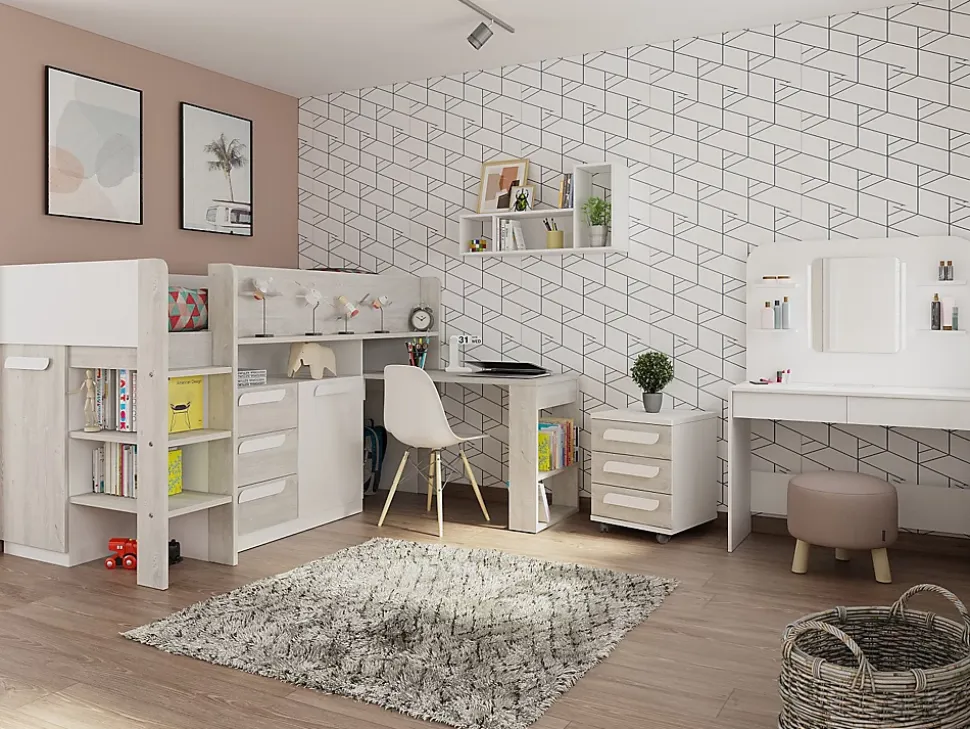 Lit combiné 90 x 200 cm - Avec bureau et rangements - Blanc et naturel - LOUKALA