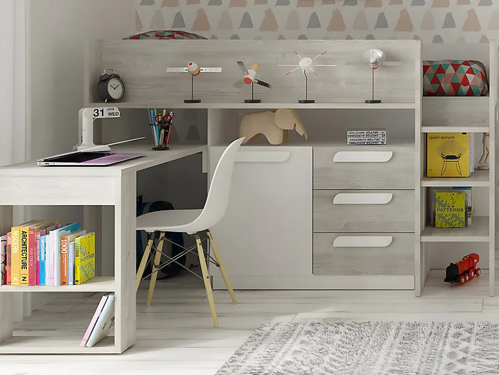 Lit combiné 90 x 200 cm - Avec bureau et rangements - Blanc et naturel - LOUKALA