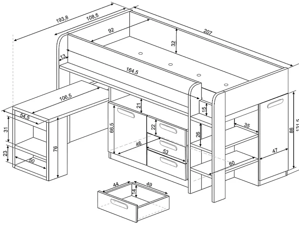 Lit combiné 90 x 200 cm - Avec bureau et rangements - Blanc et naturel - LOUKALA