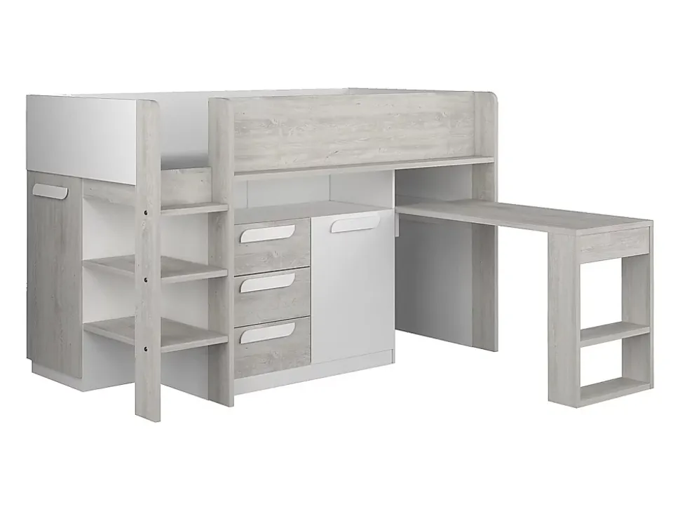 Lit combiné 90 x 200 cm - Avec bureau et rangements - Blanc et naturel - LOUKALA