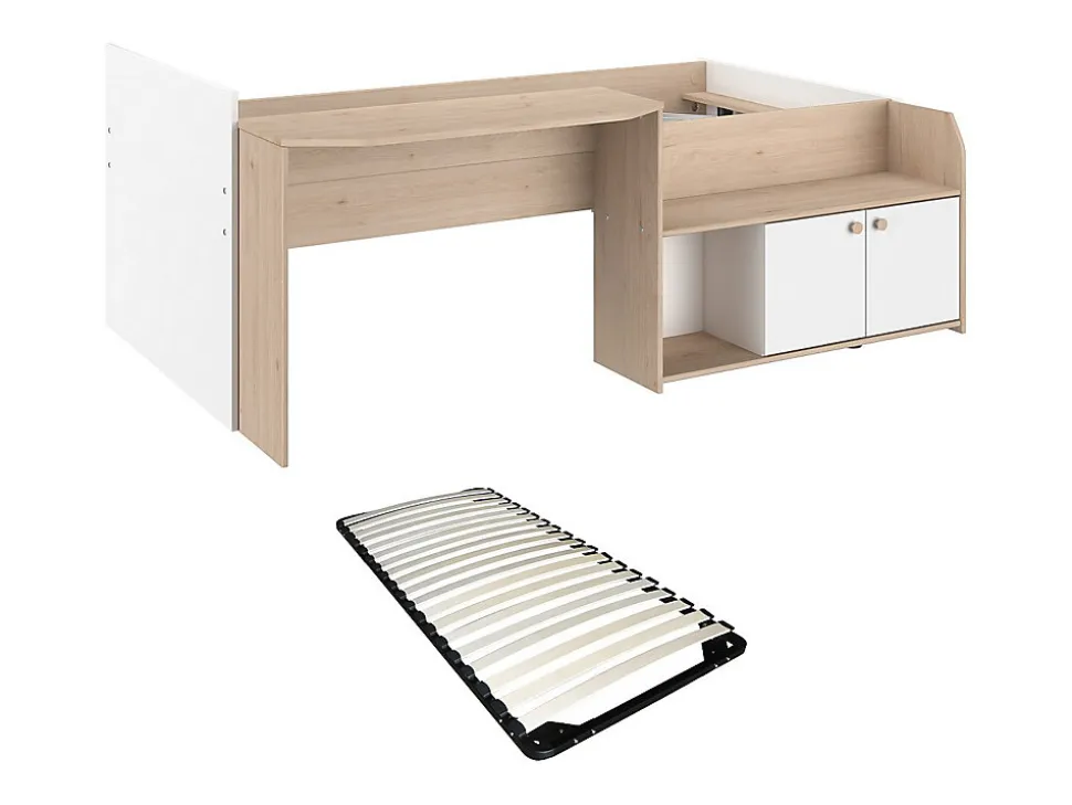 Lit combiné 90 x 190/200 cm - Coloris : Naturel et blanc + Sommier - MIVONA