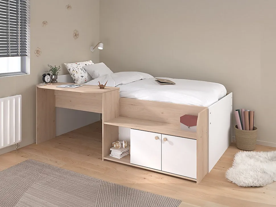 Lit combiné 90 x 190/200 cm - Coloris : Naturel et blanc + Sommier - MIVONA