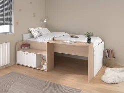 Lit combiné 90 x 190/200 cm - Coloris : Naturel et blanc + Sommier - MIVONA