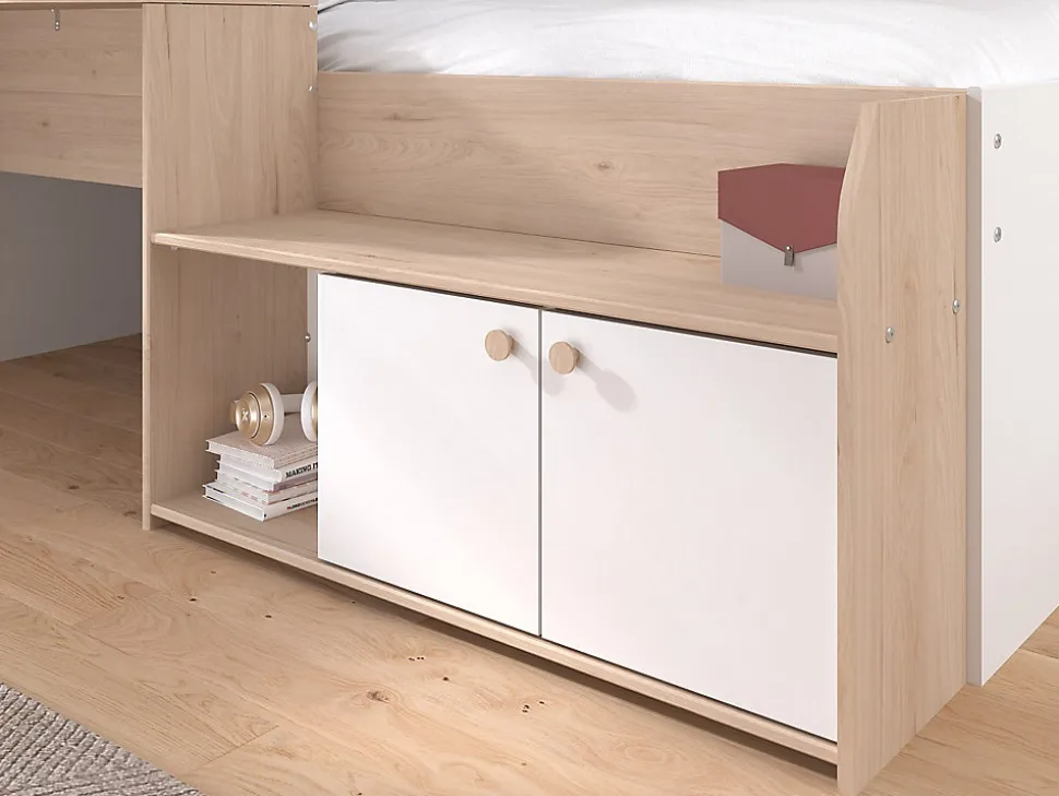 Lit combiné 90 x 190/200 cm - Coloris : Naturel et blanc + Sommier - MIVONA