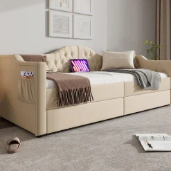 Lit combiné 90 x 200 cm - Lit avec 2 tiroirs et ports USB - Velours Beige - Sans Matelas
