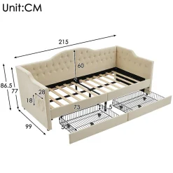 Lit combiné 90 x 200 cm - Lit avec 2 tiroirs et ports USB - Velours Beige - Sans Matelas