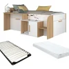 Lit combiné 90 x 200 cm avec bureau et rangements - Coloris : Blanc et naturel + Sommier + Matelas - PEDRO
