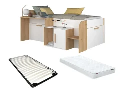 Lit combiné 90 x 200 cm avec bureau et rangements - Coloris : Blanc et naturel + Sommier + Matelas - PEDRO
