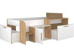 Lit combiné 90 x 200 cm avec bureau et rangements - Coloris : Blanc et naturel + Sommier + Matelas - PEDRO
